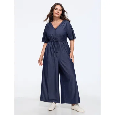 Bloomchic Supersoft Lace Trim Drawstring Waist Wide Leg Jumpsuit In Blue