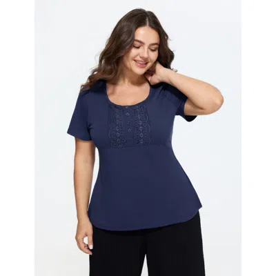 Bloomchic Supersoft Lace Trim Fitted Plain T-shirt In Blue