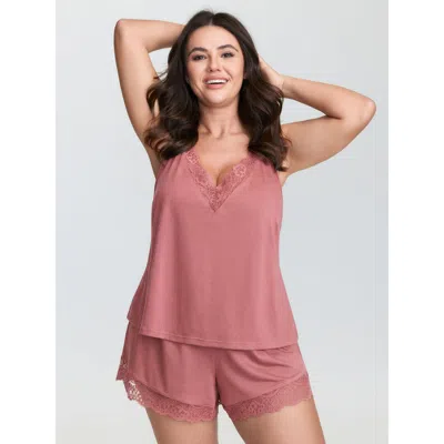 Bloomchic Supersoft Lace Trim Two-piece Pajama Set In Pink
