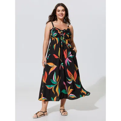 Bloomchic Supersoft Leaf Print Drawstring Shirred Midi Dress In Multi