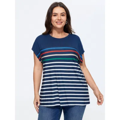 Bloomchic Supersoft Multi Stripe Print Dolman Sleeve T-shirt In Darkblue