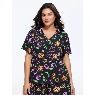 Bloomchic Supersoft Neon Ghost Pumpkin Print Lounge Top In Black
