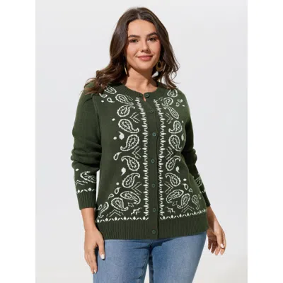 Bloomchic Supersoft Paisley Jacquard Button Down Cardigan In Armygreen