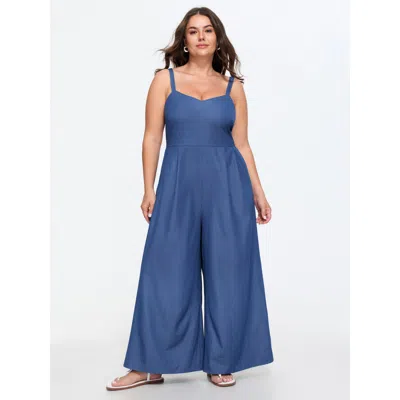 Bloomchic Supersoft Pleated Sleeveless Faux Denim Jumpsuit In Blue
