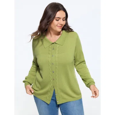 Bloomchic Supersoft Polo Collar Cable Knit Button Down Cardigan In Applegreen