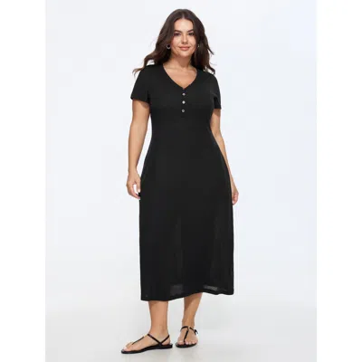 Bloomchic Supersoft Ribbed V-neck Midi Knit Dress In Black