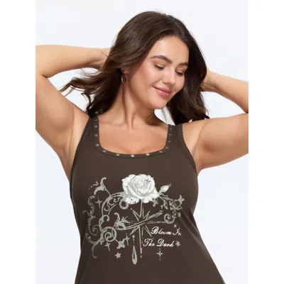 Bloomchic Supersoft Rose Print Rivet Trim Tank Top In Darkbrown