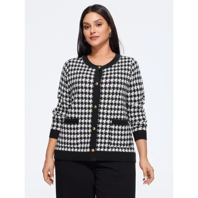 Bloomchic Supersoft Round Neck Button Houndstooth Cardigan In Black