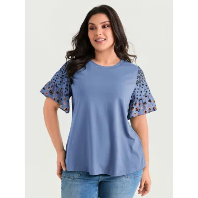 Bloomchic Supersoft Round Neck Color Block Floral Sleeve T-shirt In Blue