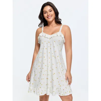 Bloomchic Supersoft Ruffled Neckline Floral Print Sleeveless Nightgown In White