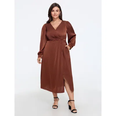 Bloomchic Supersoft Satin Wrap Neck Long Sleeve Slit Midi Dress In Maroon