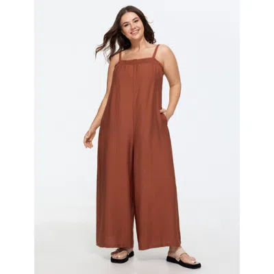 Bloomchic Supersoft Shirred Sleeveless Plain Wide-leg Jumpsuit In Brown