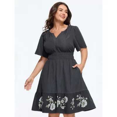 Bloomchic Supersoft Shirred Waist Floral Print Hem Mini Dress In Aegean