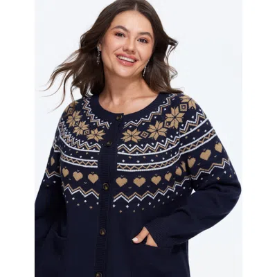 Bloomchic Supersoft Snowflake Heart Pattern Button Down Cardigan In Blue