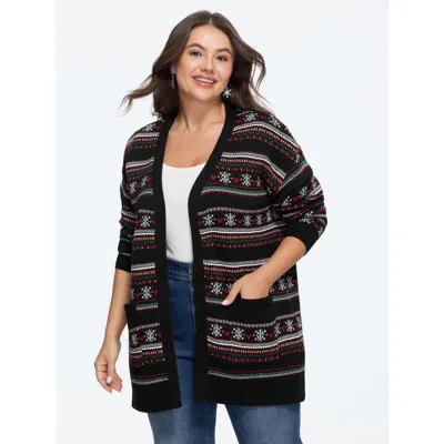 Bloomchic Supersoft Snowflake Heart Pattern Pocket Open Front Cardigan In Black