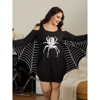 Bloomchic Supersoft Spider Print Cold‑shoulder Spiderweb Bat Wing Nightgown In Black