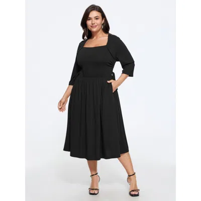 Bloomchic Supersoft Square Neck Adjustable Side Tie Midi Dress In Black