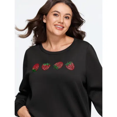 Bloomchic Supersoft Strawberry Rhinestone Crew Neck Sweatshirt In Black