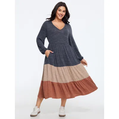 Bloomchic Supersoft Stretch Color Block Tiered Midi Dress In Blue