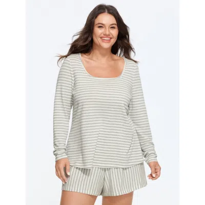 Bloomchic Supersoft Stretch Striped U Neck Pajama Set In Gray