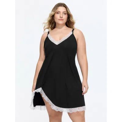 Bloomchic Supersoft Stretchy Lace Color Contrast Night Gown In Black