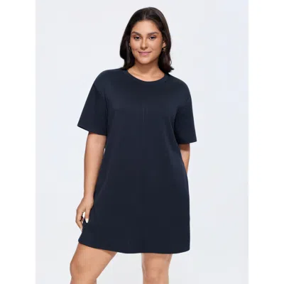 Bloomchic Supersoft Stretchy Pockets Round Neck Shift Dress In Blue