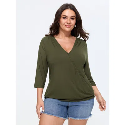 Bloomchic Supersoft Stretchy Solid Surplice Side Ruched T-shirt In Armygreen