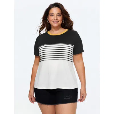 Bloomchic Supersoft Stretchy Striped Color Contrast T-shirt In Black