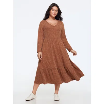 Bloomchic Supersoft Stretchy Vertical Ribbed Knit Midi Dress In Brown