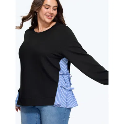 Bloomchic Supersoft Stripe Side Patchwork Bow Tie Detail Sweatshirt In Black