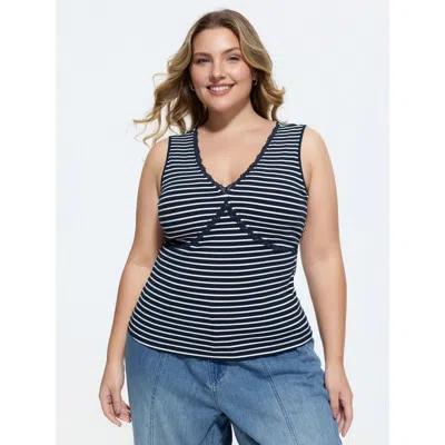 Bloomchic Supersoft Striped Print Fitted V-neck Tank Top In Blue