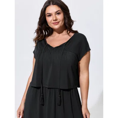 Bloomchic Supersoft Tassel Trim Neckline Knit Top In Black