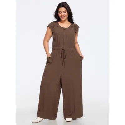 Bloomchic Supersoft Textured Ruffle Drawstring Waist Wide Leg Jumpsuit In Brown