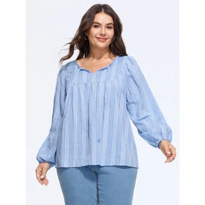 Bloomchic Supersoft Textured Stripe Tie Neck Blouse In Lightblue