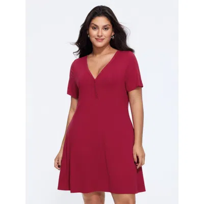 Bloomchic Supersoft V Neck Button Short Sleeve Mini Dress In Burgundy