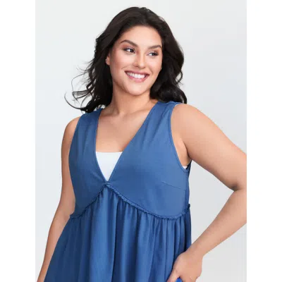 Bloomchic Supersoft V Neck Ruched Back-tie Tank Top In Blue