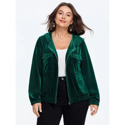Bloomchic Supersoft Velvet Ribbed Hem Zipper Hoodie In Green