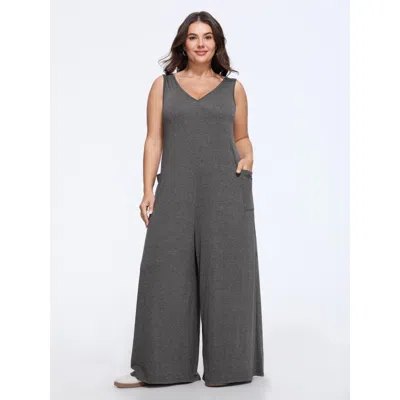 Bloomchic Supersoft V‑neck Pocket Sleeveless Wide Leg Jumpsuit In Brown