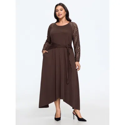 Bloomchic Supersoft Wrap Tie Waist Lace Long Sleeve Maxi Dress In Shaved Chocolate