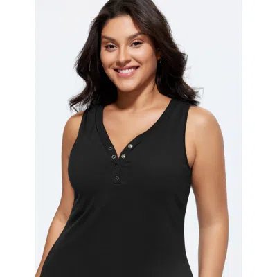 Bloomchic Supported Bra Button Detail Split Neckline Tank Top In Black