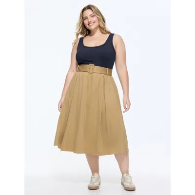 Bloomchic Supported Bra Wide Waist Belt Pleated Plain Midi Dress In Brown