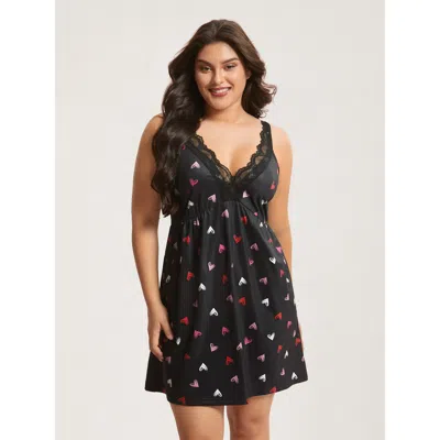 Bloomchic Sweet Dreams Printed Lace Neckline Nightgown In Black