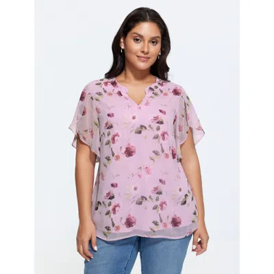 Bloomchic Sweet Floral Print Petal Sleeve Blouse In Lavender