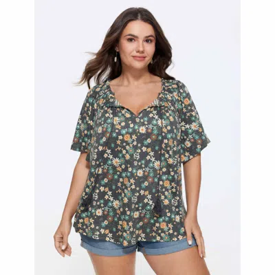Bloomchic Sweet Floral Print Shirred Drawstring Neckline Top In Black