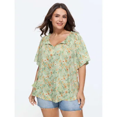 Bloomchic Sweet Floral Print Shirred Drawstring Neckline Top In Greenbean
