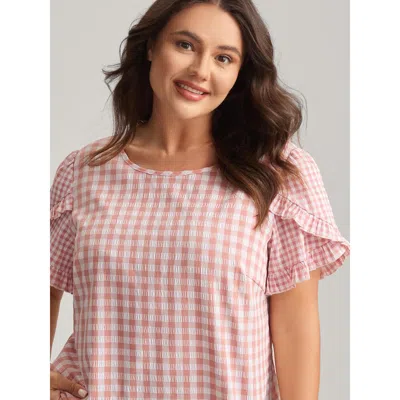 Bloomchic Sweet Gingham Wrinkled Petal Sleeve Blouse In Multi