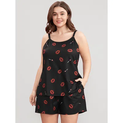 Bloomchic Sweet Lips Print Cami Pajama Top In Black