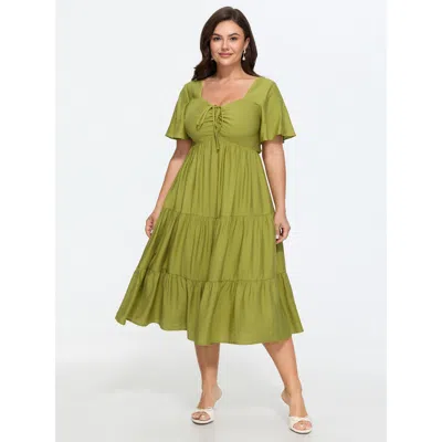Bloomchic Sweetheart Drawstring Pocket Tiered Dress In Green