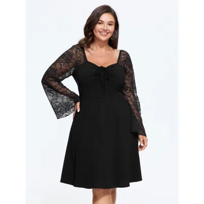 Bloomchic Sweetheart Neck Lace Sleeve Drawstring Mini Dress In Black