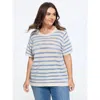 Bloomchic Texture Strip Cut Out Short Sleeve Pullover In Multi